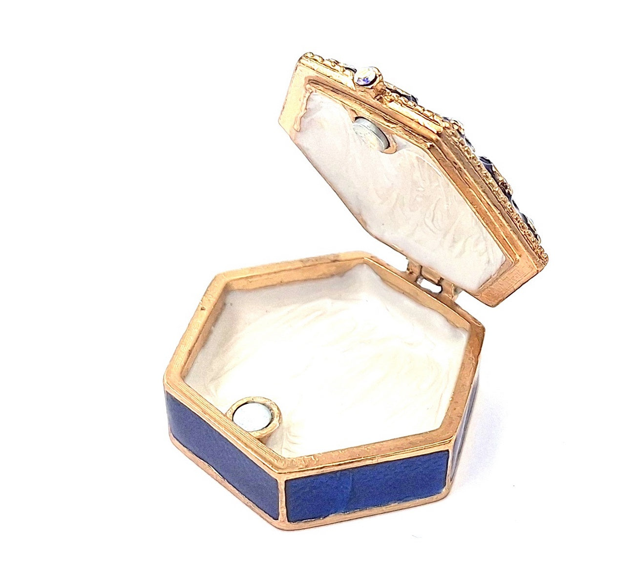 Elegancka metalowa szkatułka prezentowa z kryształkami B0035-08BL w granatowo-złotej kolorystyce z możliwością personalizacji grawerem