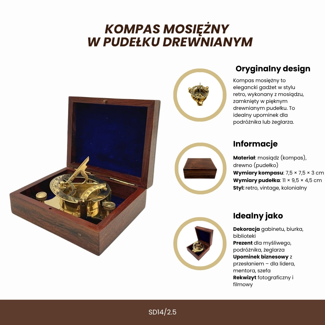 Dollond sárgaréz iránytű fa dobozban, napóra funkcióval - Ideális ajándék gravírozási lehetőséggel - Antik stílus, méretek: 7,5 x 7,5 x 3 cm