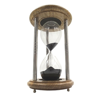 Sárgaréz-fa homokóra 10 min gravírozással - elegáns ajándék fekete színben, magasság 25 cm, fémből, üvegből és mangófából készült