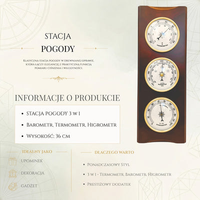 Elegáns retro időjárás-állomás 36cm gravírozással – barométer, hőmérő, higrométer fa burkolatban