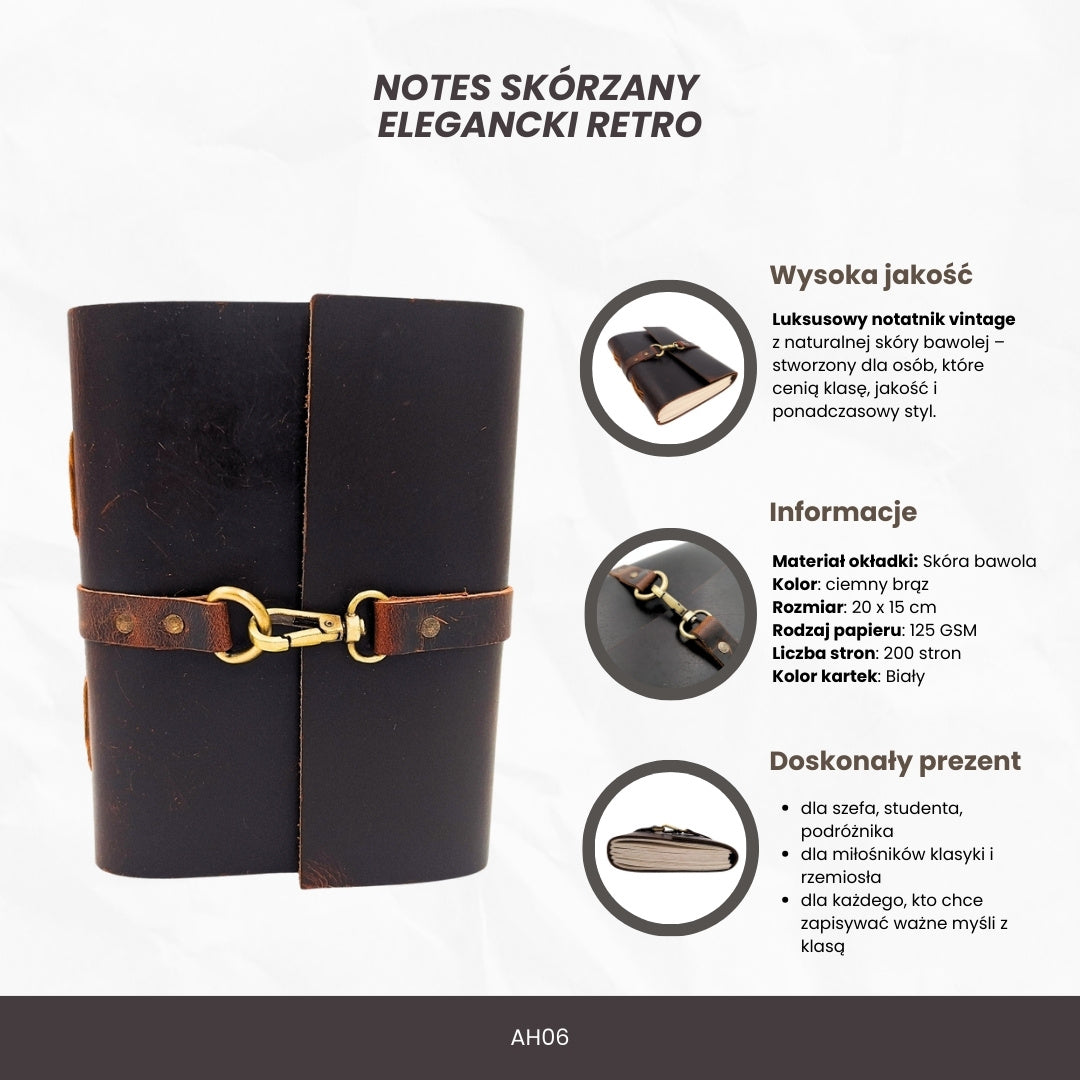 Elegancki Notatnik Skórzany Retro 200 stron Vintage AH06 z Możliwością Personalizacji Grawerem