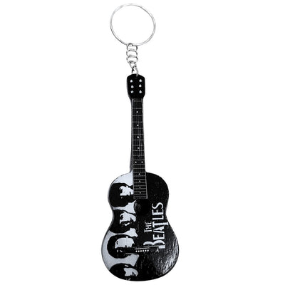The Beatles EGK-0894 gitár kulcstartó, gravírozással személyre szabható, fa, fehér, fekete és barna színben, ideális ajándék zenerajongóknak és gitárosoknak