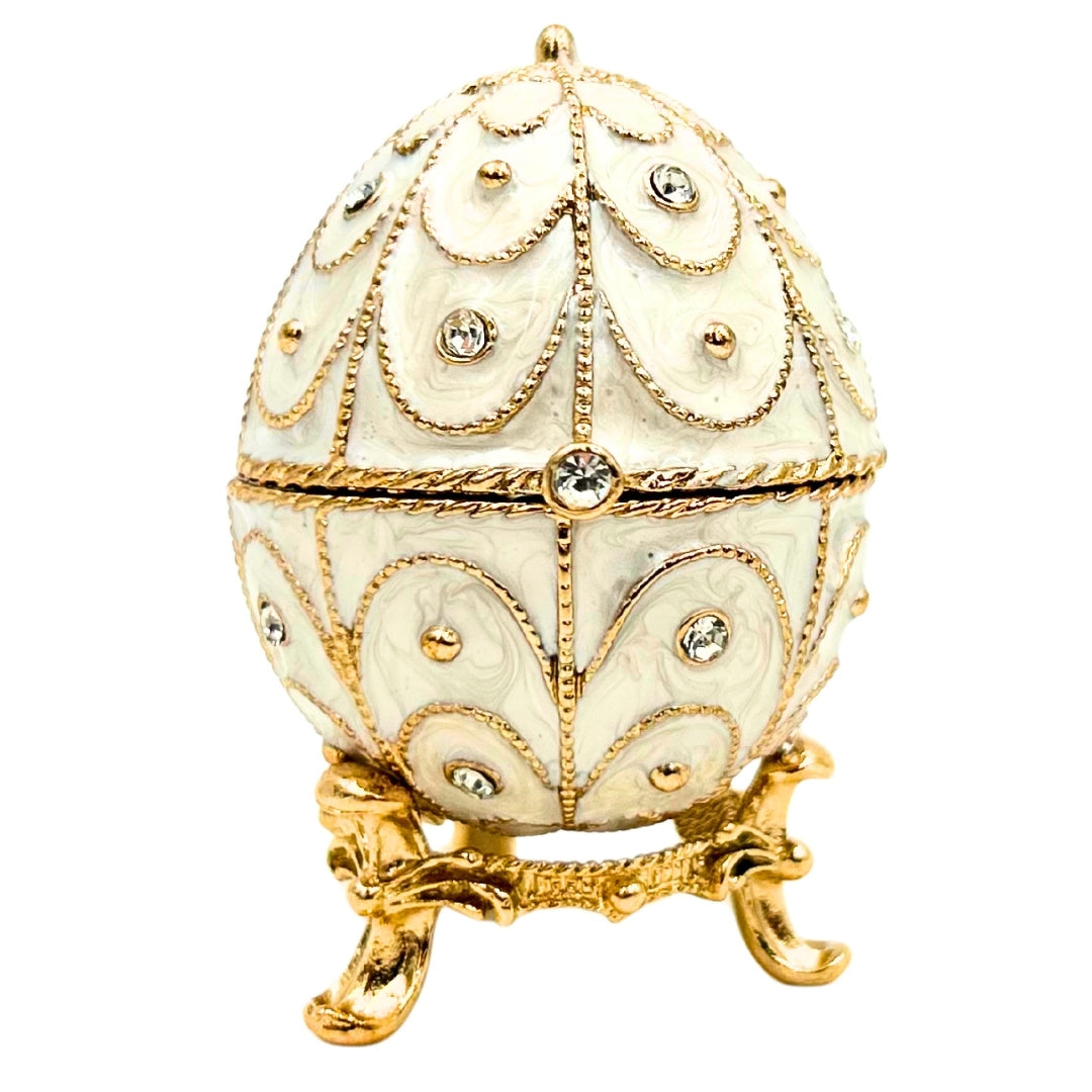 Ekskluzywna Szkatułka Jajo Fabergé Metalowa z Kryształkami w Kolorze Biało-Złotym z Możliwością Personalizacji Grawerem