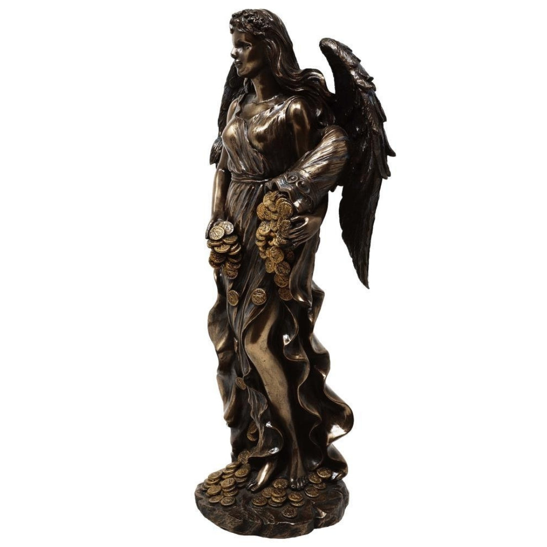 Fortuna, a szerencse és gazdagság istennője figura, 29cm, bőségszaruval - személyre szabott gravírozás ajándékra, elegáns dekoráció gyantakonglomerátumból, barna és réz árnyalatokban