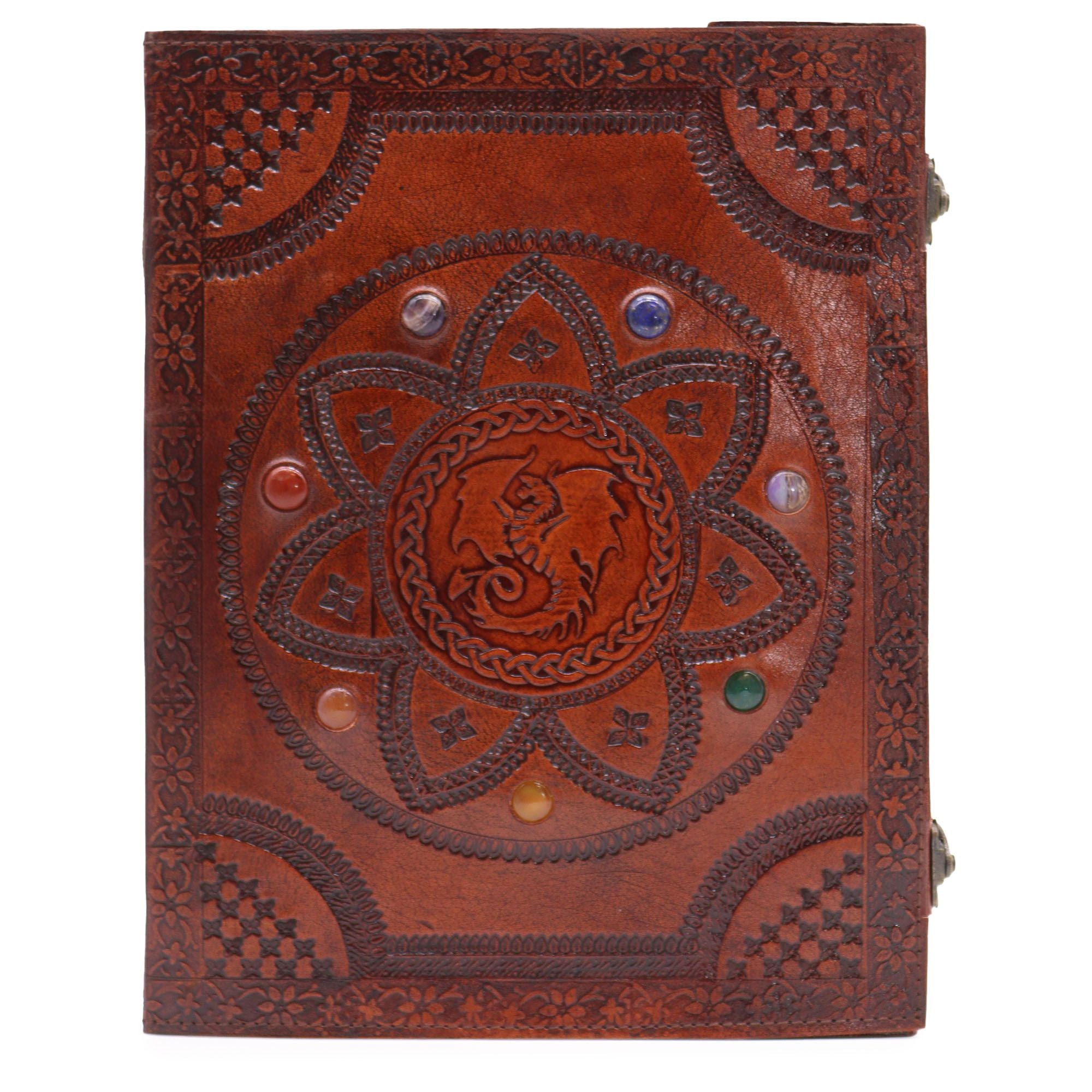 Sárkánymandala könyv csakrakövekkel - Kézzel készített, természetes bőr, 100 sima oldal, 25x34 cm