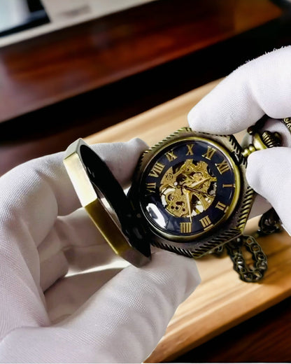 Klasszikus Nyolcszögletű Barna Színű Mechanikus Zsebóra Steampunk Stílusban - Időtlen
