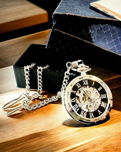 Ezüst Exkluzív Mechanikus Zsebóra Retro Stílusban, Vízálló - Elegancia Minden Alkalomra, Gravírozással