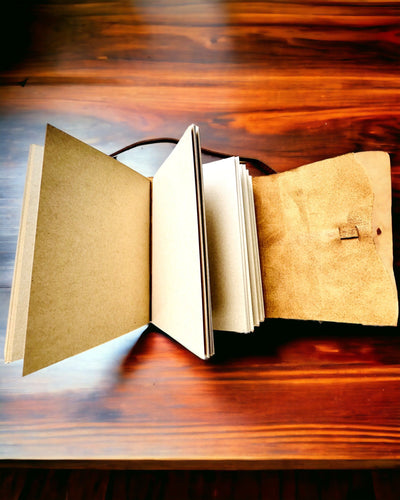 Prémium "RetroNotes" Jegyzetfüzet – Elegáns jegyzetfüzet Valódi Bőrből - 200 oldal, 120g, jegyzetfüzet, vázlatfüzet, barna szín, gravírozással személyre szabható