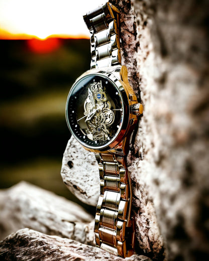 Elegáns férfi karóra KIMSDUN Prestige Átlátszó Mechanizmus és Sportos Elegancia, személyre szabható gravírozással