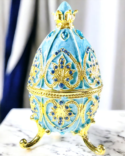 Fabergé Mennybéli Tojás – Zománcozott Ékszertartó - égkék színben. Személyre szabás gravírozással