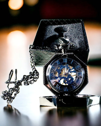 Klasszikus Nyolcszögletű Mechanikus Zsebóra Steampunk Fekete Színben, Gravírozás