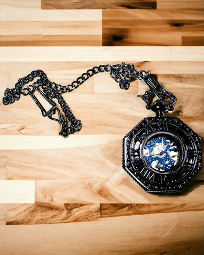Klasszikus Nyolcszögletű Mechanikus Zsebóra Steampunk Fekete Színben, Gravírozás