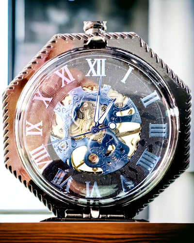 Klasszikus Nyolcszögletű Mechanikus Zsebóra Steampunk Fekete Színben, Gravírozás
