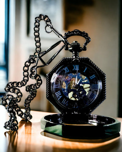 Klasszikus Nyolcszögletű Mechanikus Zsebóra Steampunk Fekete Színben, Gravírozás