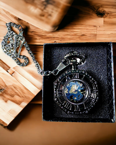 Klasszikus Nyolcszögletű Mechanikus Zsebóra Steampunk Fekete Színben, Gravírozás