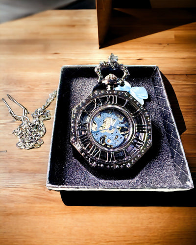 Klasszikus Nyolcszögletű Mechanikus Zsebóra Steampunk Fekete Színben, Gravírozás