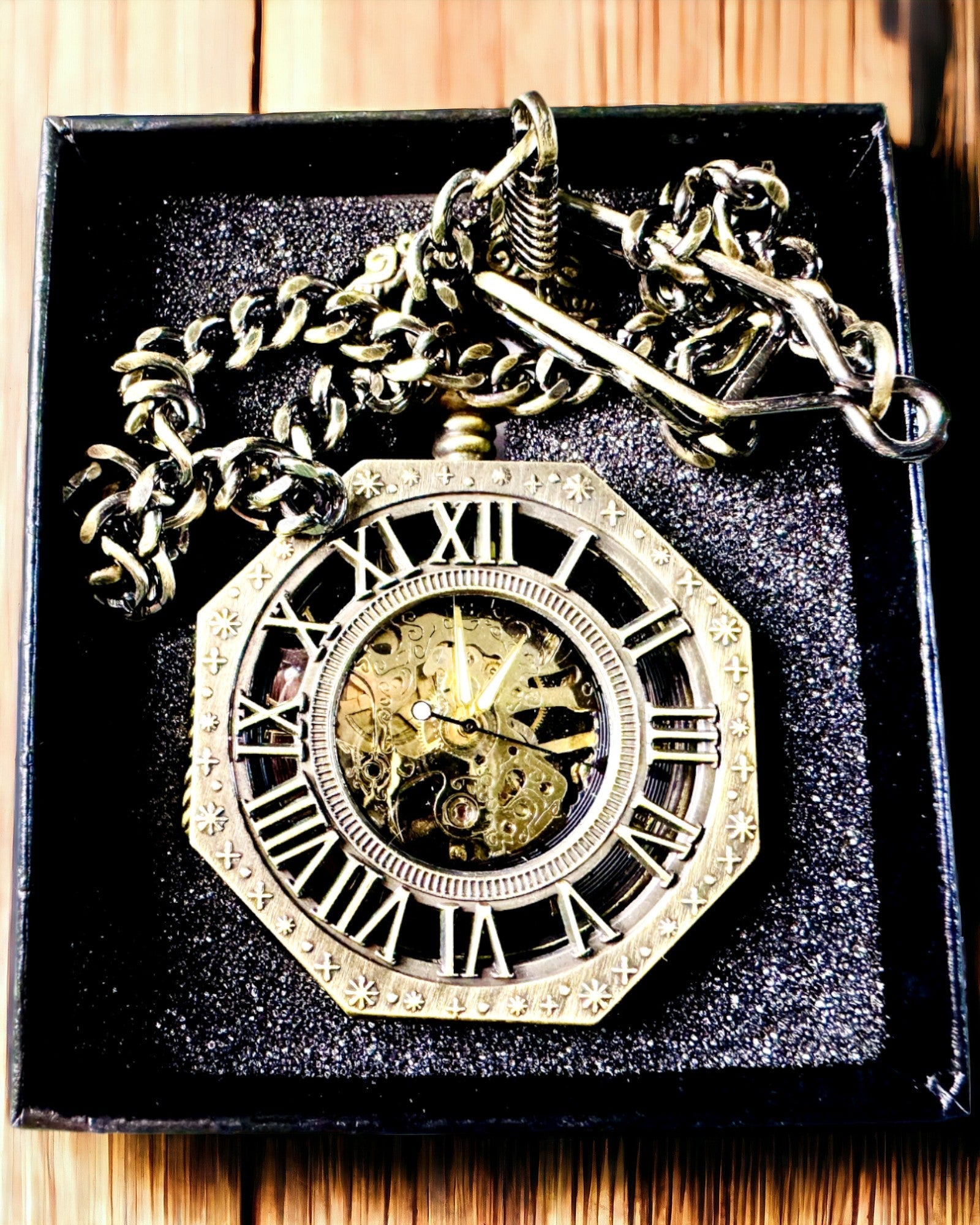 Klasszikus Nyolcszögletű Barna Színű Mechanikus Zsebóra Steampunk Stílusban - Időtlen