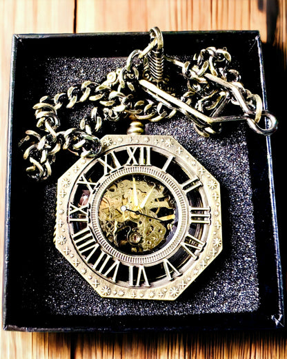 Klasszikus Nyolcszögletű Barna Színű Mechanikus Zsebóra Steampunk Stílusban - Időtlen