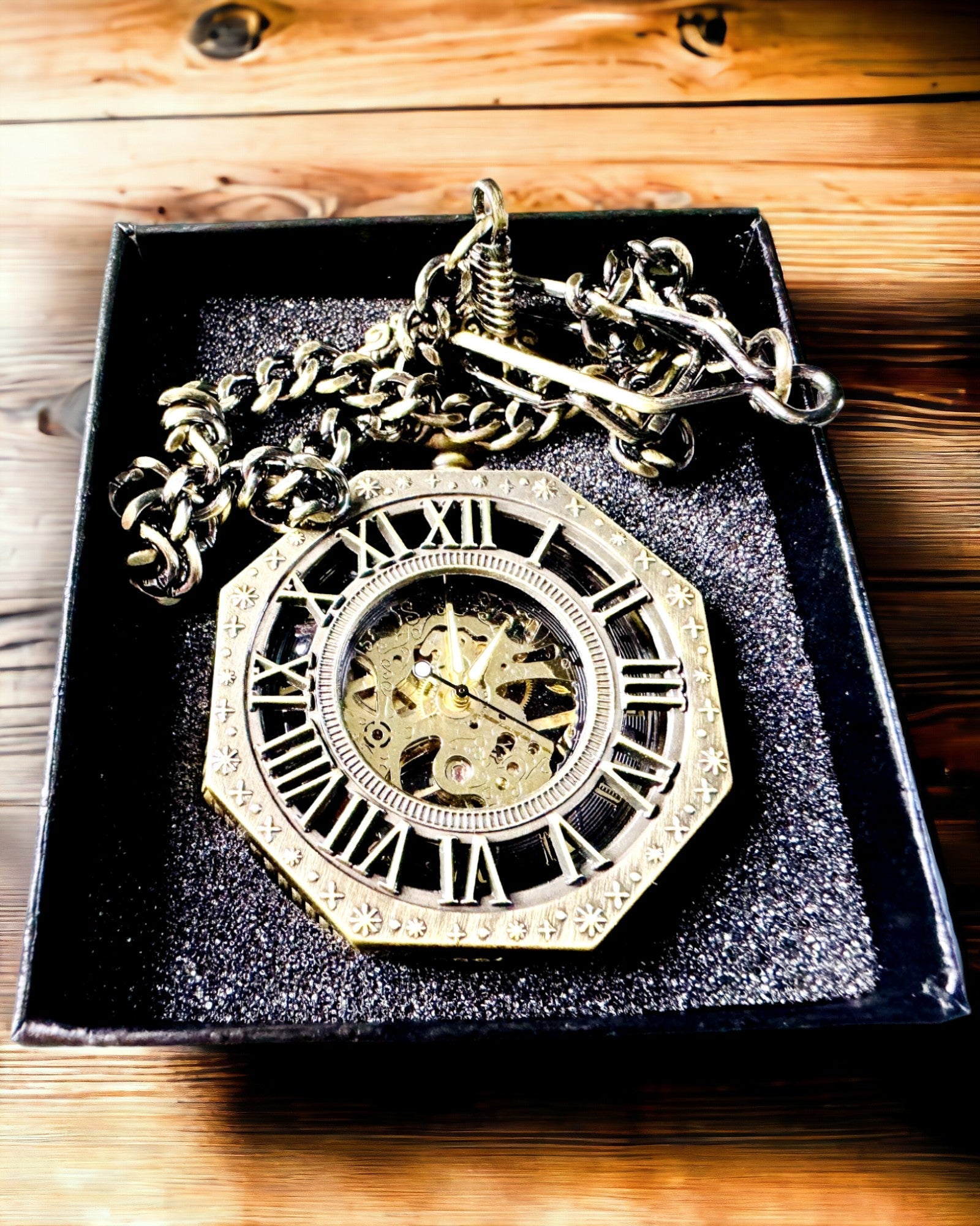 Klasszikus Nyolcszögletű Barna Színű Mechanikus Zsebóra Steampunk Stílusban - Időtlen