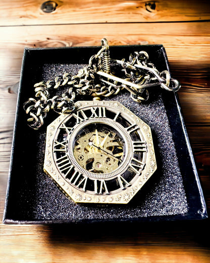 Klasszikus Nyolcszögletű Barna Színű Mechanikus Zsebóra Steampunk Stílusban - Időtlen