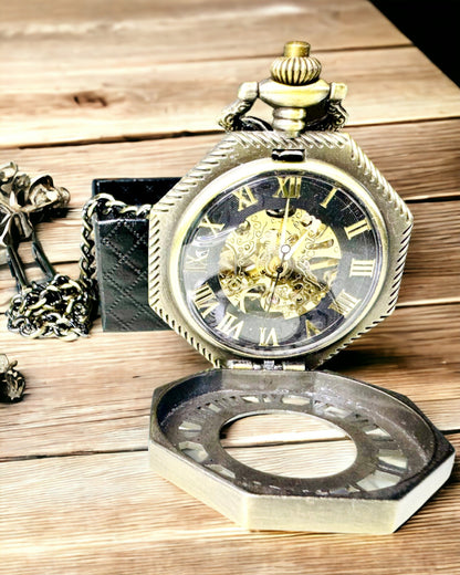 Klasszikus Nyolcszögletű Barna Színű Mechanikus Zsebóra Steampunk Stílusban - Időtlen