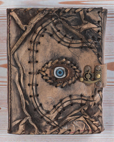 Brązowy Skórzany Notatnik – Złe Oko – 17 × 12,5 cm | 160 stron, postarzane krawędzie